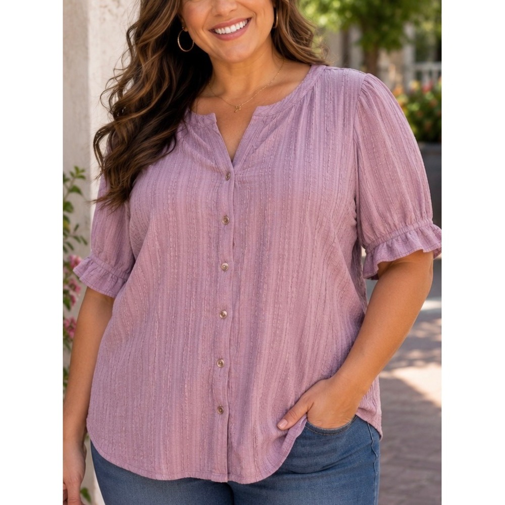 Cable & Gauge Dusty Mauve Button-Front Ruffle Sleeve Blouse